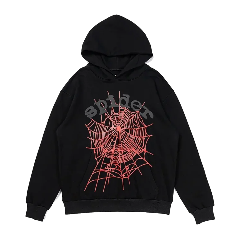 Black spider hoodie with red OG web print, front view