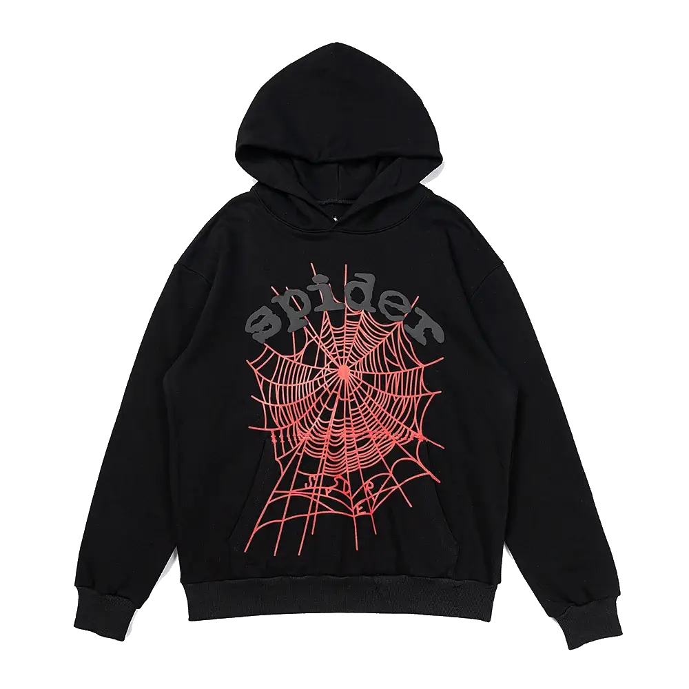 Black spider hoodie with red OG web print, front view