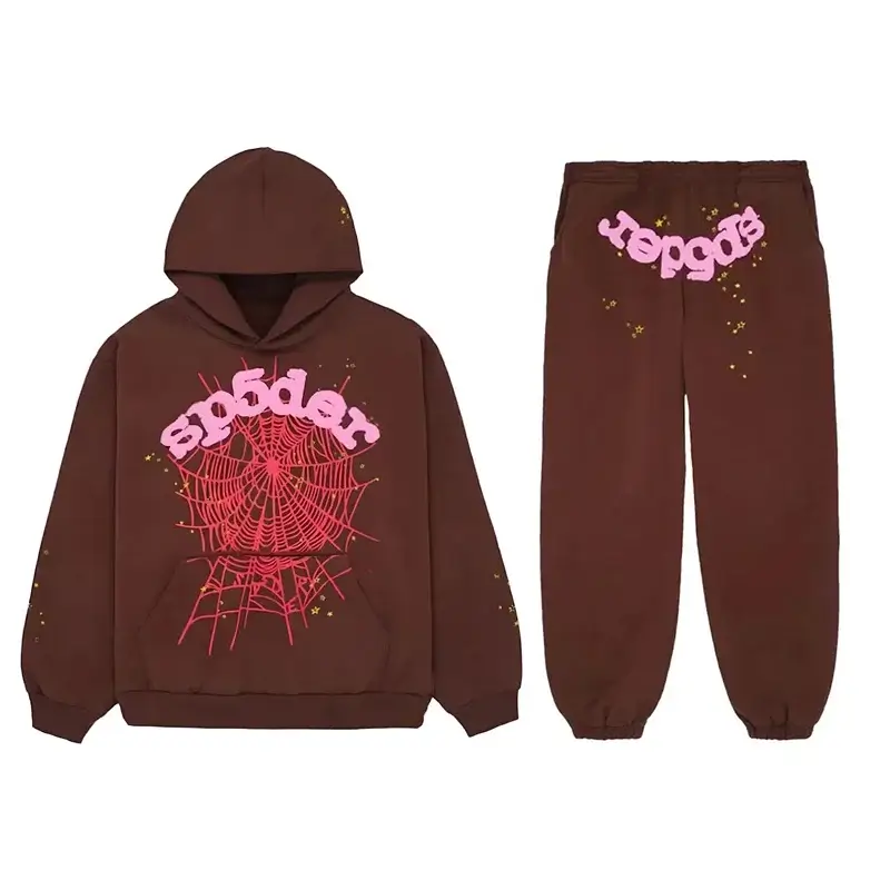 Brown OG web sweatsuit, hoodie and sweatpants set shown together