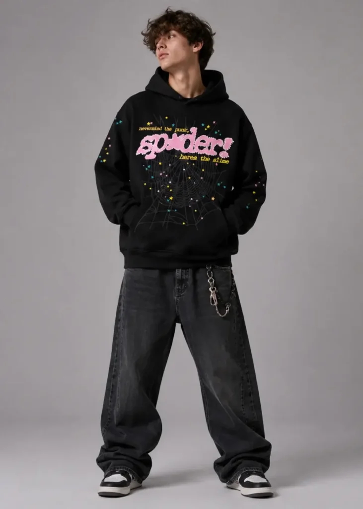 Man wearing the black and pink Spider hoodie