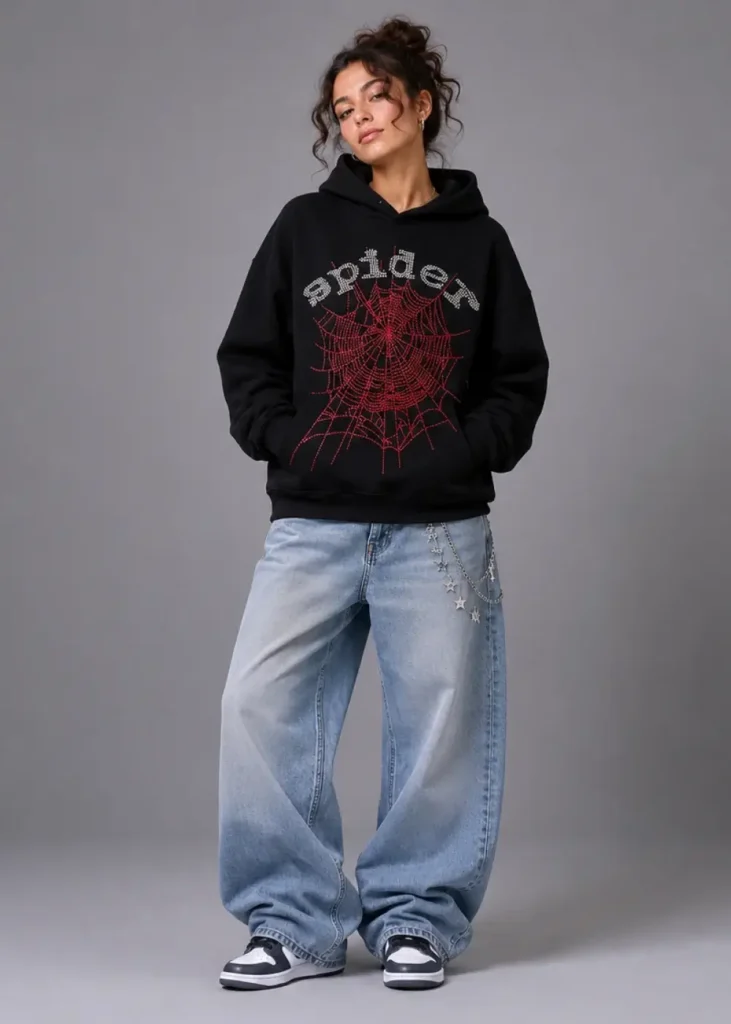 Woman wearing the black Spider OG Rhinestone hoodie