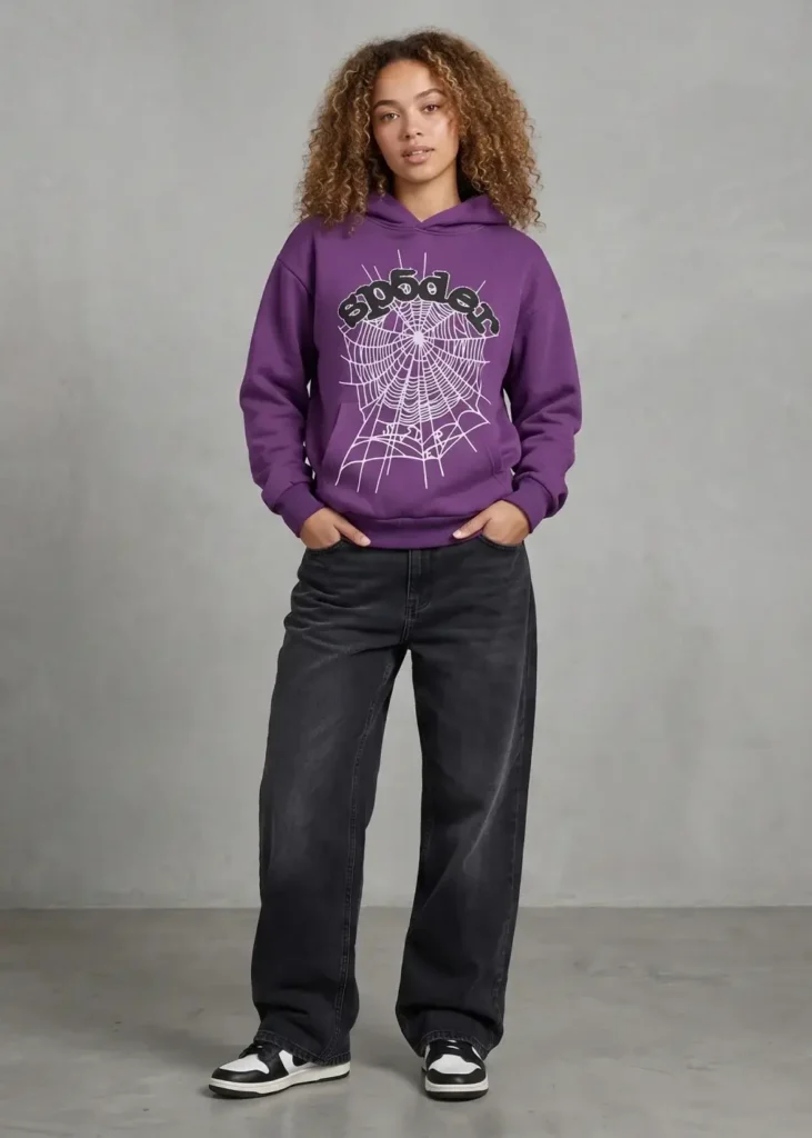 Woman wearing the purple Spider OG Web hoodie