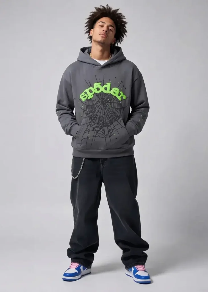 Man wearing the slate grey Spider OG Web hoodie