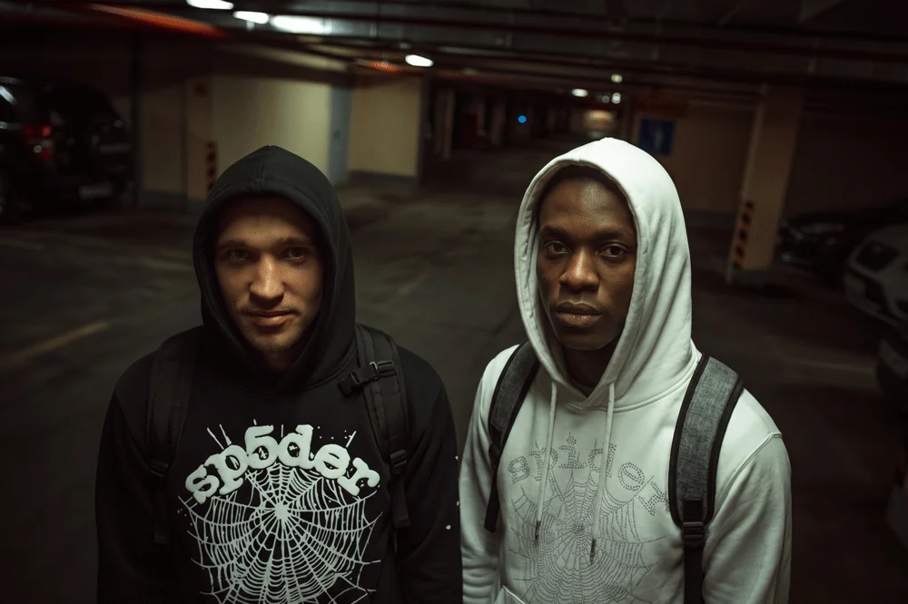 SP5DER hoodies black and white worn on the streets